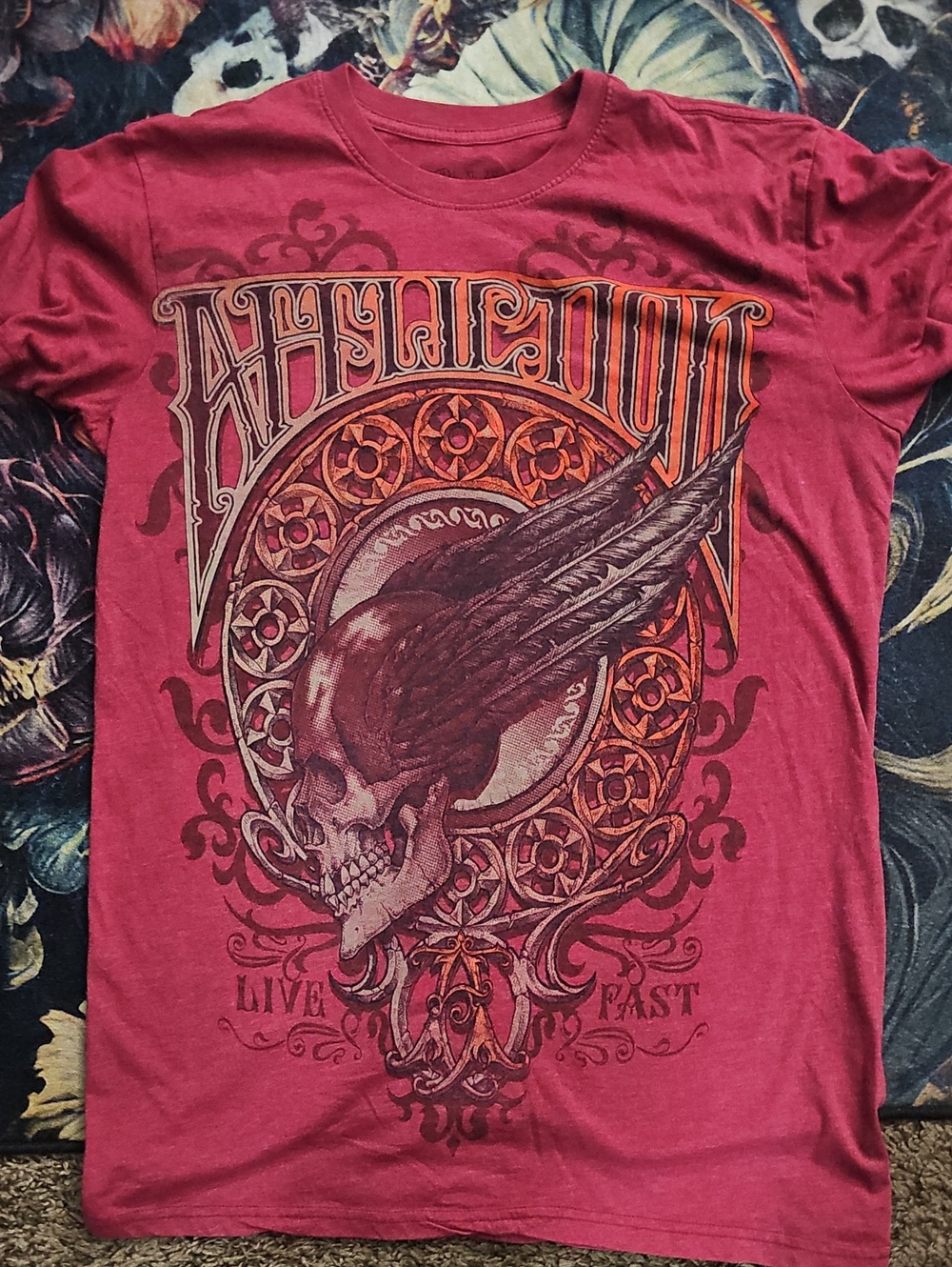 Affliction Men's Burgundy Graphic Crew Neck Shirt with Skull Wing Design